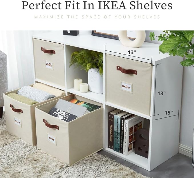 DECOMOMO Storage Bins, Storage Baskets for Shelves | 13" x 15" x 13" Storage Cube Bins with Labels for Organizing Shelves (Kallax, 4pcs, Beige)