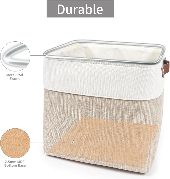 Bagnizer Collapsible Fabric Storage Cubes 11x11 Cube Storage Bins, 4 Pack Closet Baskets Box with Handles for Organizing, Shelf, Toys, Clothes, Home, Office, Nursery (Beige&White)