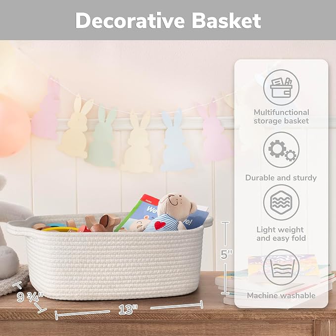 CHICVITA Small Cotton Rope Gift Baskets Empty for Shelves, White | 13" x 10" x 5", Decorative Storage Basket for Toys, Diapers & Baby Showers, Nursery & Closet Storage, Built-In Handles
