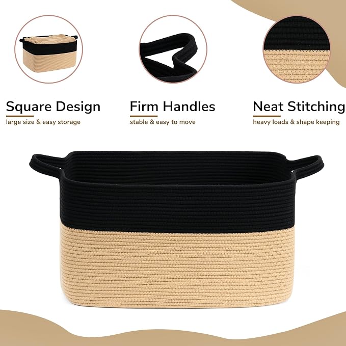 Goodpick Large Wicker Blanket Basket, Rectangle Storage, Black & Camel | 21.6 x 14.9 x 11.8 in, Reinforced Handles, Living Room, Bedroom & Nursery Organization, Toys, Blankets & Clothes Storage