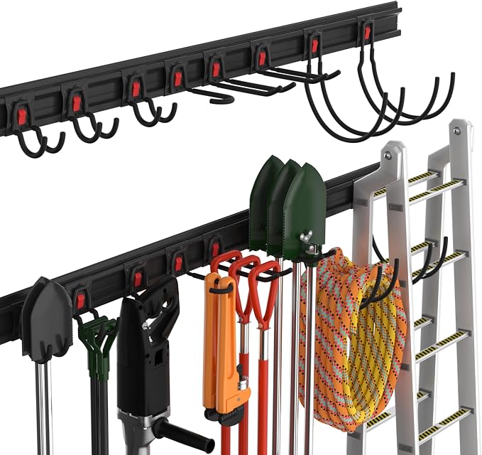 WORKPRO 64" Garage Tool Organizer Wall Mount with 8 Adjustable Hooks | Garage Organization, Garden Tool Rack System, 4 Rails, Hanging, Storage, Universal Installation, PVC material