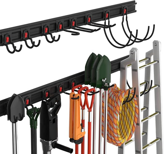 WORKPRO 64" Garage Tool Organizer Wall Mount with 8 Adjustable Hooks | Garage Organization, Garden Tool Rack System, 4 Rails, Hanging, Storage, Universal Installation, PVC material