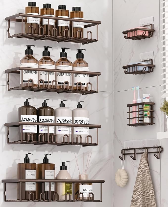 8 Pack Adhesive Rustproof Shower Caddy with Soap Dishes, Toothbrush Holder & Hooks, Large Capacity No-Drilling Shower Shelves Rack for Bathroom Organizers and Storage Accessories, Brown