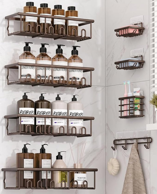 8 Pack Adhesive Rustproof Shower Caddy with Soap Dishes, Toothbrush Holder & Hooks, Large Capacity No-Drilling Shower Shelves Rack for Bathroom Organizers and Storage Accessories, Brown