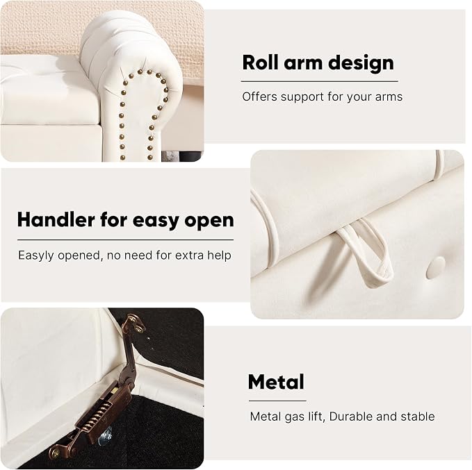 Storage Bench 51" Velvet End of Bed Benches Beige | Queen Size Storage Bench for Bedroom with Rolled Arms Tufted Ottoman Benches Upholstered Bench for Living Room Entryway