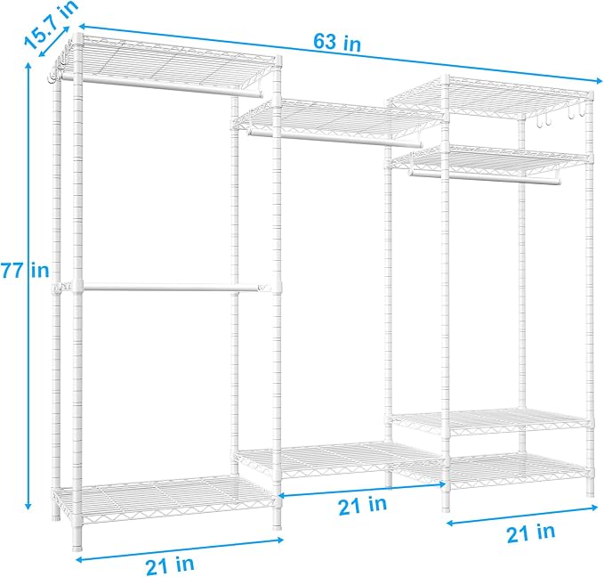 E13 Heavy Duty Clothes Rack（With 4 Hanger Rods & 8 Shelves） Freestanding Clothing Racks for Hanging Clothes，Adjustable Closet Organizer，Metal Garment Rack 63" W x16 D x77 H，Max Load 900LBS，White