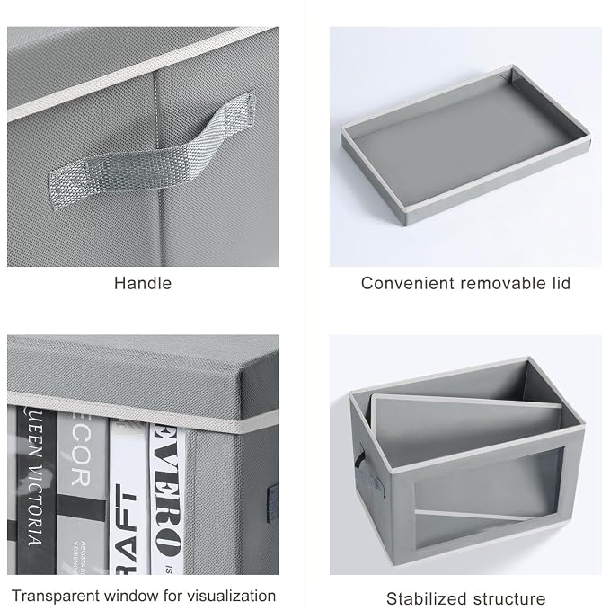 Large Storage Baskets with Lids - Stackable Cube Bins for Closet, 6 Pack Grey Windows Organizer Bins, Home Organizers and Storage for Clothes, CD, Towels