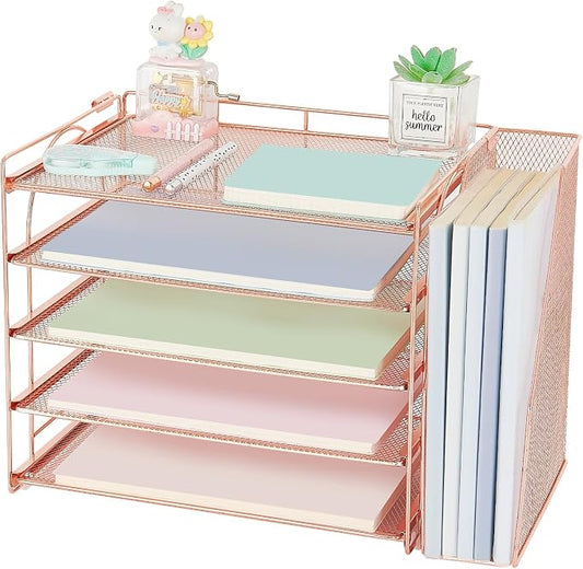 AUPSEN Rose Gold Desk Organizers and Accessories, 5-Tier Desktop Paper File Organizer with Removable File Holder, Desk Accessories & Workspace Organization for Home Office Supplies (Rose Gold)