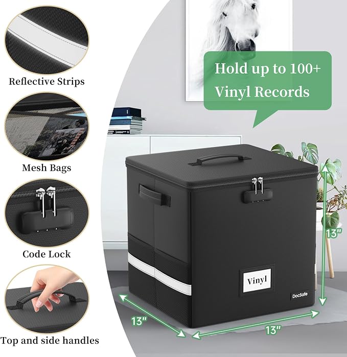 DocSafe Vinyl Record Storage Box with Lock,Fireproof Record Organizer Storage for 100+ Single Records(12-inch), Collapsible Storage Crate with Lid & Handles for Valuable Album Collection,Black,2 Pack