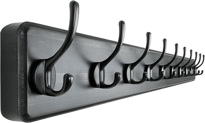 Coat Rack Wall: 38-1/4" Long, Patented, Heavy-Duty, 10-Double-Hooks Wooden Wall Mounted Coat Rack Coat Hanger Hook Rail for Winter Coats Hat Jacket Clothing, Black