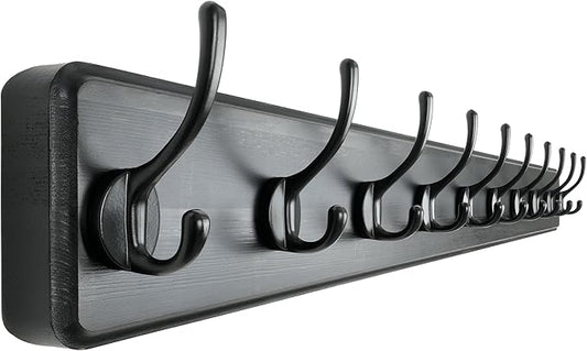 Coat Rack Wall: 38-1/4" Long, Patented, Heavy-Duty, 10-Double-Hooks Wooden Wall Mounted Coat Rack Coat Hanger Hook Rail for Winter Coats Hat Jacket Clothing, Black