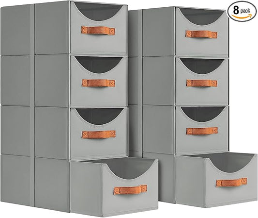 Homsorout Stackable Storage Drawers - Collapsible Storage Bins with Drawers, 8 Pack Closet Shelf Organizer Basket, Fabric Pull Out Organizer for Bedroom, Living Room, Dorm, Grey