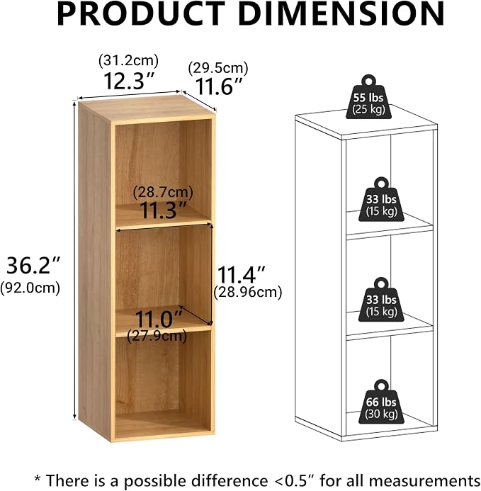 3 Cube Storage Organizer,Cube Shelf，3 Tier Cube Low Bookcase Freestanding Storage Display Organizer, Three-Cubes Open Shelf Bookshelf for Home Office (Oak, 3-Cube)