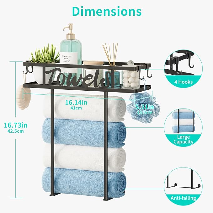 HapiRm Rolled Towel Racks for Bathroom - Towel Storage for Above Toilet | Space-Saver Wall Mounted Towel Holder with Metal Top Basket & 4 Hooks, Fit for Bathtub, Vanity, Small Bathroom, Camper, RV