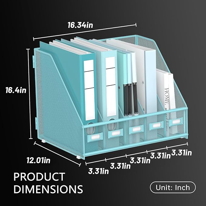 DALTACK 5-Slot Magazine File Holder, Metal Binder Holder, Blue | Iron Mesh Construction, Labeled Sections for Easy Sorting, Anti-Slip Feet, Binder and Folder Storage for Office, Classroom