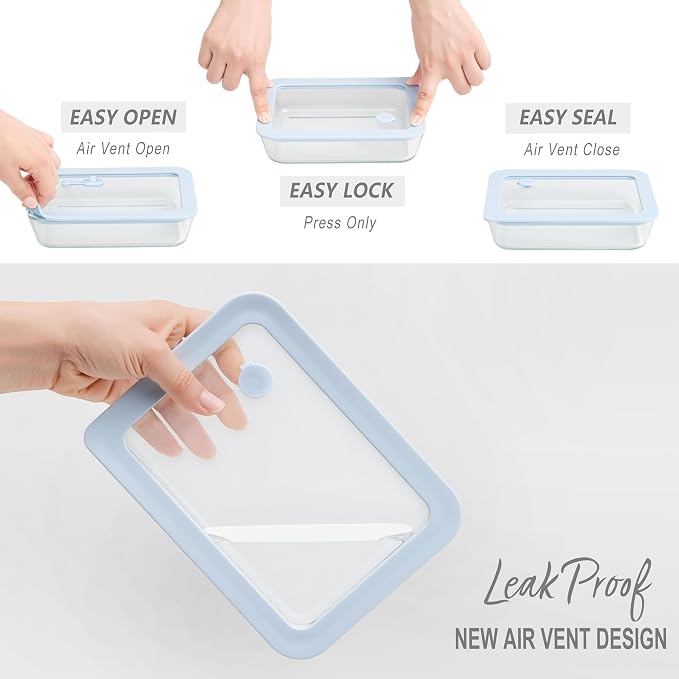 Glass Food Container Set with Glass Lid, 5 Pack, Meal Prep Containers with Silicone Framed Airtight Lid, Leakproof, 100% Plastic Free