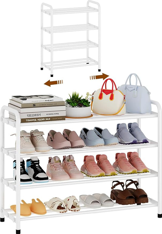 KANAV 4-Tier Expandable Shoe Rack, Heavy Duty Adjustable Metal Shoe Organizer for Closet, Entryway & Mudroom, Freestanding, Tool-Free Assembly, White