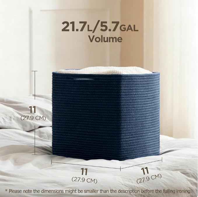 joybest 11inch Cube Storage Bins, Cotton Rope Woven Organizer Basket | Set of 4 Cube Bin Square Shelves Organizer Closet Storage, Nursery, Toy Organization, Navy Blue