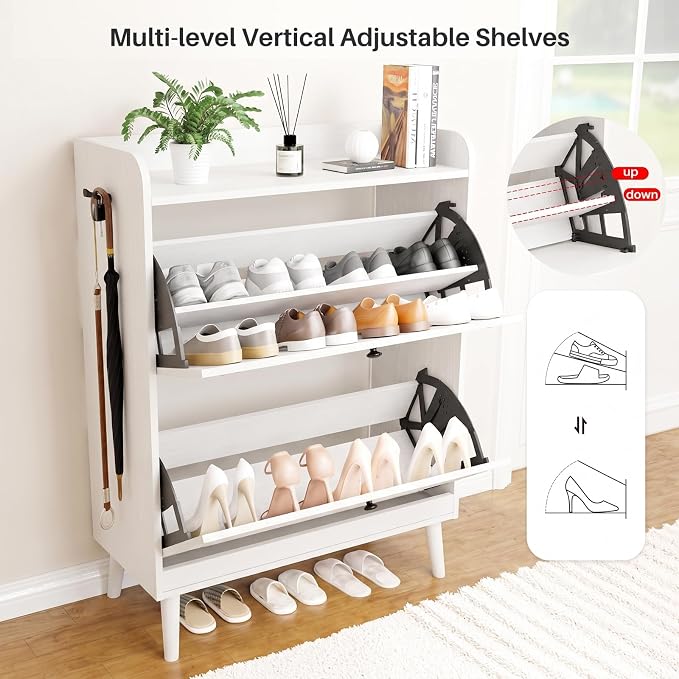 YZ HOME Shoe Storage Cabinet with 2 Flip Drawers | Entryway Shoe Cabinet, Metal Hooks & Adjustable Shelves, Freestanding Narrow Shoe Rack for Hallway Foyer, White