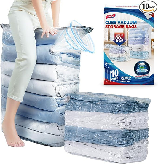 TAILI 10 Pack Cube Vacuum Storage Bags, Jumbo Size(31x40x15 inch), Clear | Extra Large Vacuum Seal Bags for Clothing, Comforters, Blankets, Bedding, Space Saver No Pump Compression Cube