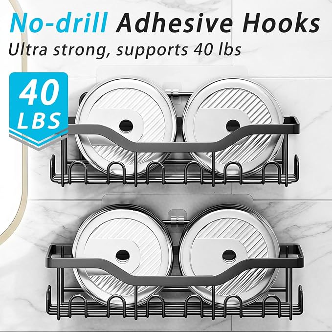 Fammart Adhesive Shower Caddy, 5-Pack Rustproof Stainless Steel Bathroom Organizer with 28 Hooks, No-Drill Large Capacity Shower Shelves for Bathroom Storage & Home Décor, Black