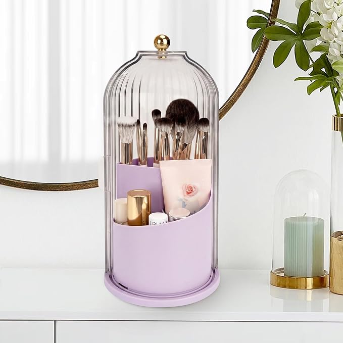 QIYVLOS Toothbrush Holders with Sliding Lid, Rotating 3 Slots Bathroom Organizer Countertop, Tooth Brush Toothpaste Holder Bathroom Counter Stand Sink Organizer for Makeup Brushes Holder (Purple)