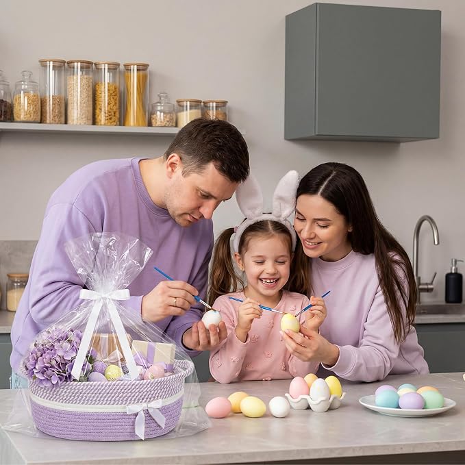 Colingmill 1 Set Woven Empty Basket for Gift,Light Purple White | with Cellophane Wrap Set, 14 x 10 x 5.5 Inch, Medium Decorative Gift Basket, Cotton Rope Storage Box, Home Decor