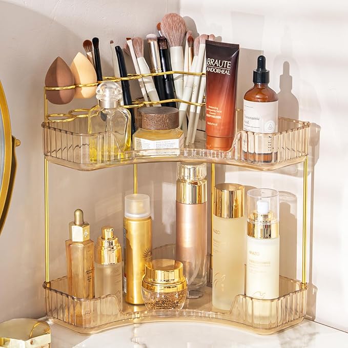 Makeup Organizer 2-Tier Bathroom Counter Organizer with Makeup Brush Holder | Corner Bathroom Organizer Countertop, Acrylic Counter Storage for Bathroom Dresser, Skincare Perfume Organizer-Amber Gold
