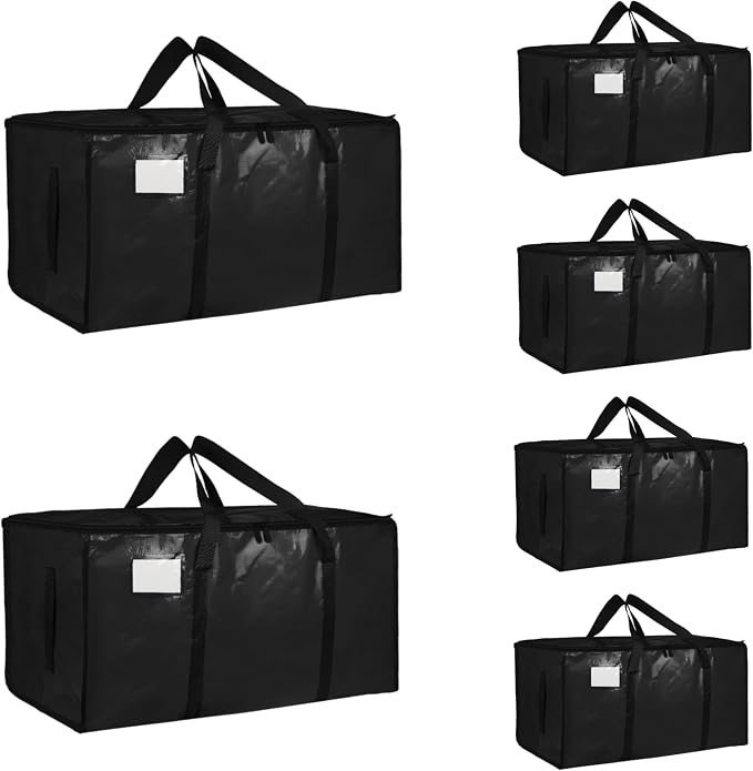 6 Pack-Extra Large Heavy Duty Moving Bags - Waterproof Storage Totes with Handles & Zippers, Foldable for College Dorm, Storage (Black)