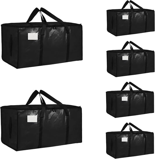 6 Pack-Extra Large Heavy Duty Moving Bags - Waterproof Storage Totes with Handles & Zippers, Foldable for College Dorm, Storage (Black)