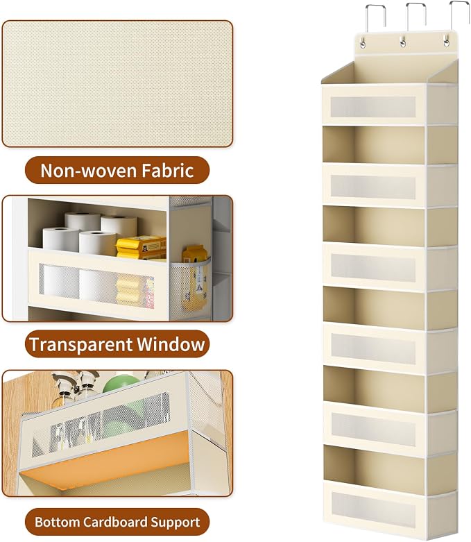 AQOOA 6-Tier Over The Door Organizer 44 lbs Capacity fit Standard Doors | Over the Door Storage 6 Large 12 Side Pocket Behind Door Storage, Closet Door Organizer Hanging Shelf, Beige