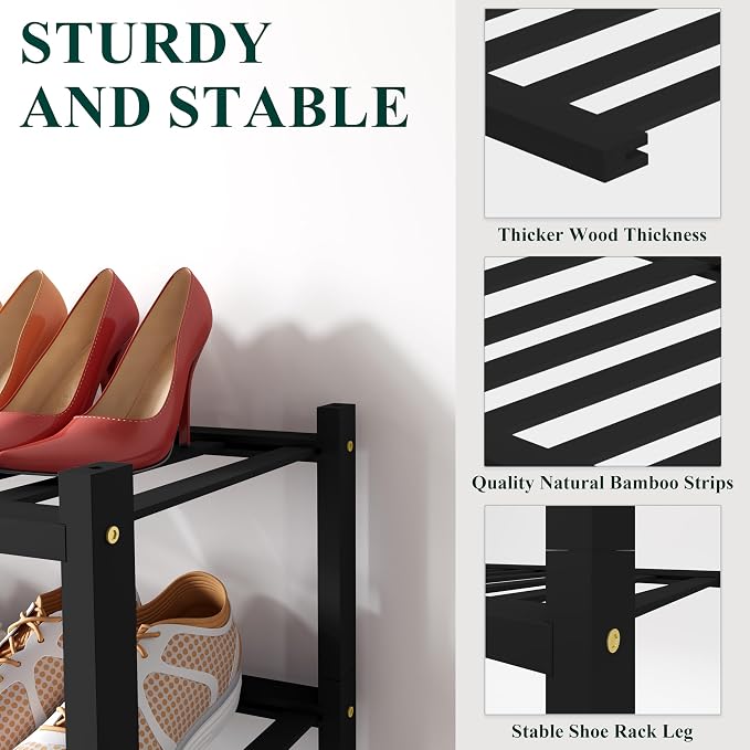 Smiry Bamboo Shoe Rack, 12 Vertical Slats, 2 Tier - 17.3" Wide, Black | Stackable Free Standing Wooden Shoe Organizer, Wood Shoe Storage Shelf for Closet, Entryway