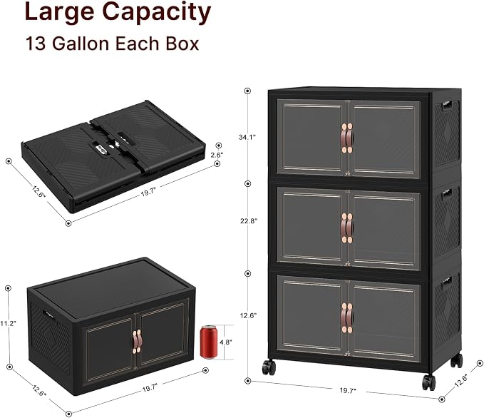 UAMFURI Stackable Storage Bins with Lids, 144QT Lockable Storage Cabinet | Folding Storage Box with Doors and Wheels, Collapsible Plastic Drawers for Home, Garage, Office
