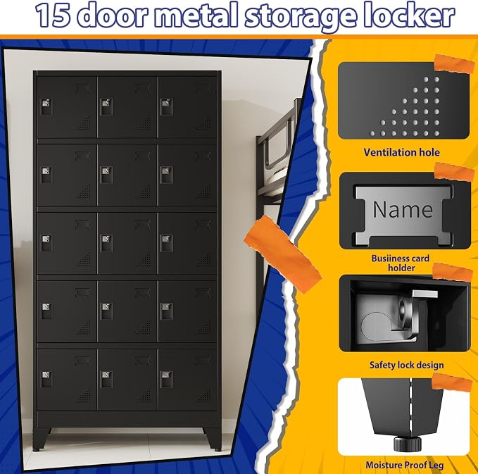 PAOFIN Metal Storage Lockers for Employees with Lock,Metal Storage Locker with 15 Doors for School Garage Office Gym Bedroom,Assembly Required,15 Door Black