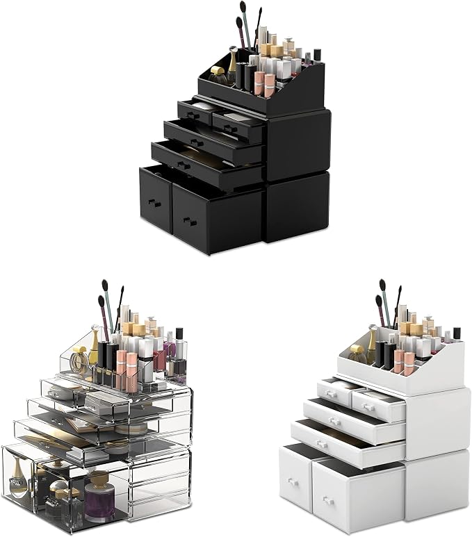 READAEER Makeup Organizer 3 Pieces Cosmetic Storage Case with 6 Drawers (Clear)