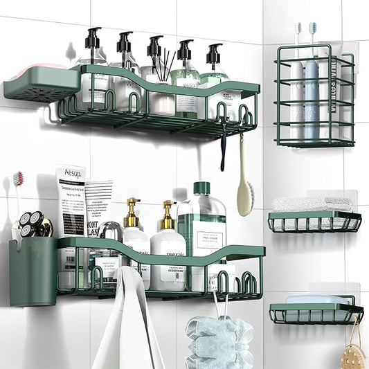 NESOMI Shower Caddy Adhesive Shower Organizer 7-Pack, Rustproof Stainless Steel Bathroom Shelves, Large Capacity No-Drill Rack Storage Accessories with Soap Dish Toothbrush Holder Hooks