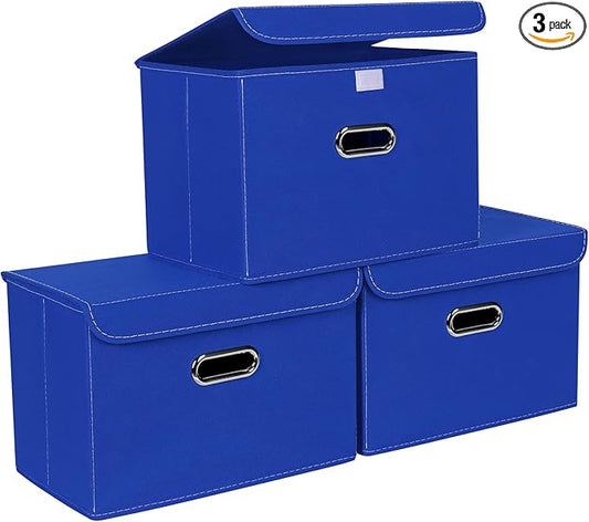 STOREONE Fabric Storage Cube Bins Foldable Organizer Container Collapsible Basket with Lids and Metal Handles, for Home, Bedroom, Closet 3 Pcs (Dark Blue)