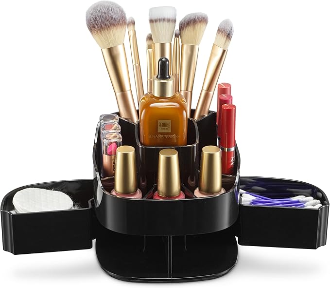 Masirs Small 360 Rotating Makeup Organizer, 5 Compartments, Square Black | Small 360 Rotating Makeup Organizer, 5 Compartments, Acrylic Mini Lazy Susan, Vanity Bathroom Counter, Square Black