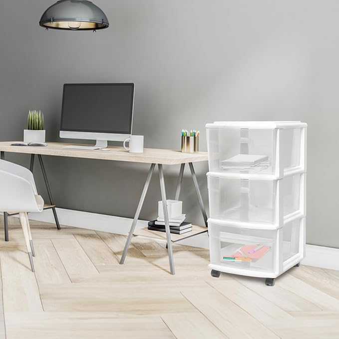 HOMZ 3-Drawer Storage Cart, Plastic Home, Dorm, & Office Organizer, White Frame | Plastic Organizer with Clear Bin Drawers for Bedroom, Bathroom, Home Office, and Dorm Rooms