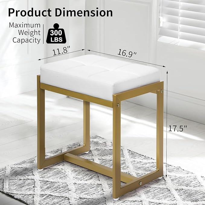 Vanity Stool, Vanity Chair Stools for Makeup Room, Faux Leather Small Makeup Bench, Modern Gold Metal Legs Ottoman Foot Rest for Bedroom Living Room, White & Gold
