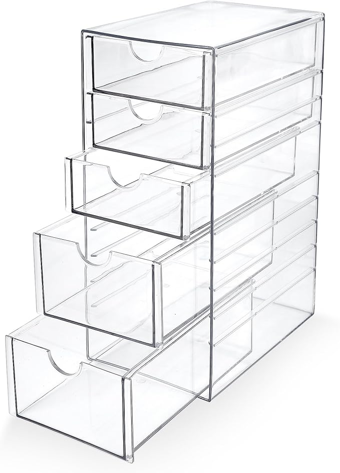 Prsildan Hair Accessories Organizer Acrylic Drawer with 5 Small Drawers | Clear, For Bathroom Vanity Office Desk, Jewelry Makeup Storage