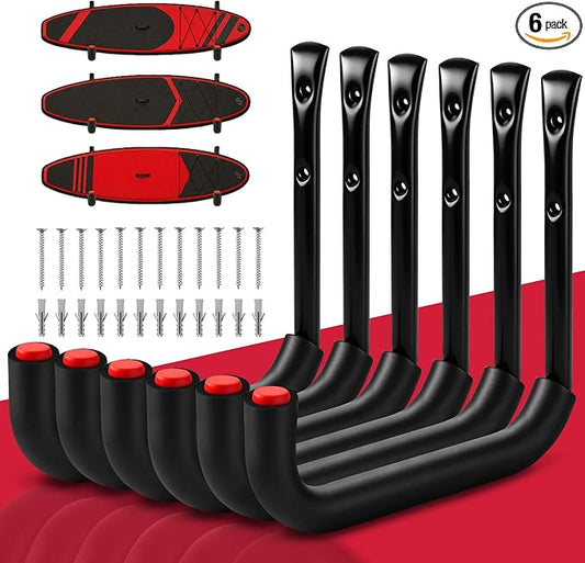 SEDY 6 Pack Heavy Duty Garage Hooks, Ladder Hooks for Garage Wall, Each Holds Up to 66 LB, 9.8 Inch EVA-Padded Steel Utility Hangers for Bikes, Folding Chairs, Garden Hoses and Tools