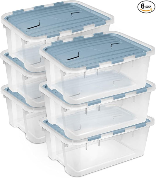 Sterilite Hinged Lid Storage Box, Plastic Container, 40 Quart, 6-Pack | Washed Blue - Home Organizer Tote for Storing Shoes, Crafts, Clothing, or Decor