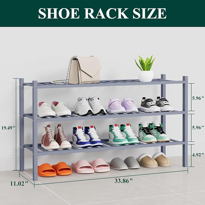 Smiry Bamboo Shoe Rack, 14 Vertical Slats, 3 Tier - 33.7" Wide, Grey | Stackable Free Standing Wooden Shoe Organizer, Wood Shoe Storage Shelf for Closet, Entryway, Thicher Leg