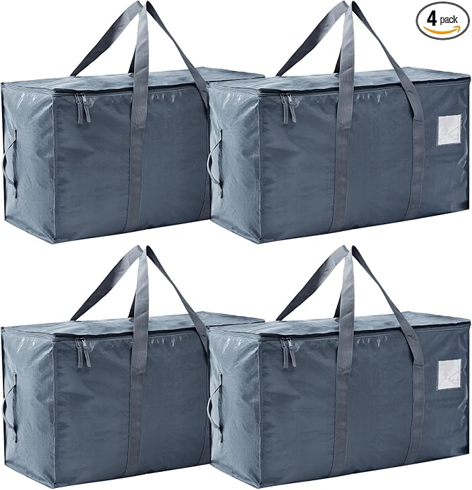 Moving Bags Heavy Duty Extra Large, Moving Boxes, Moving Supplies Essentials,Storage Bins with Lids, Plastic Packing Totes, Storage Bags for Clothes with Handles & Zippers(Grey, 4 Pack)