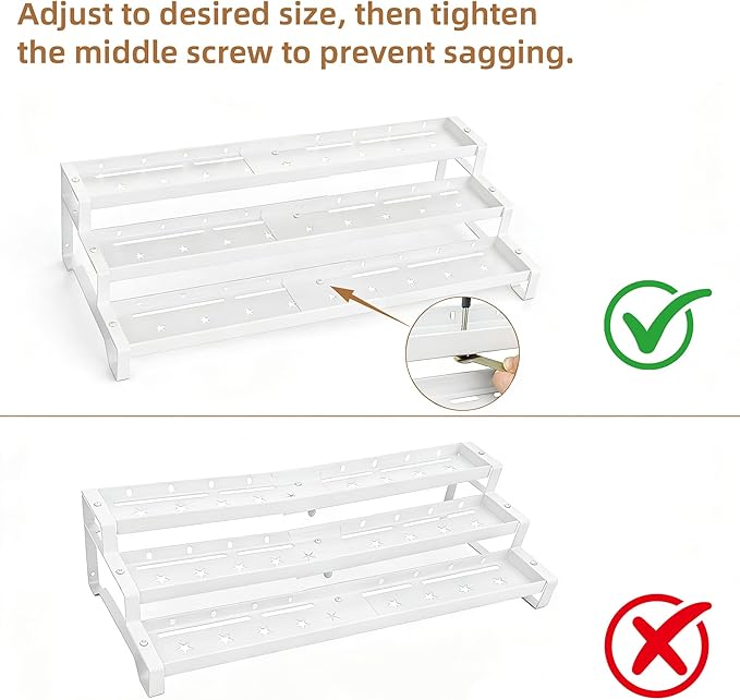 Expandable Spice Rack Organizer for Cabinet 3 Tier Spicy Shelf White 1Pack | Adjustable Length 13"-21", Easy to See Labels, Sturdy Metal, Slip-Resistant Guardrails for Jars, Cabinet & Countertop Storage