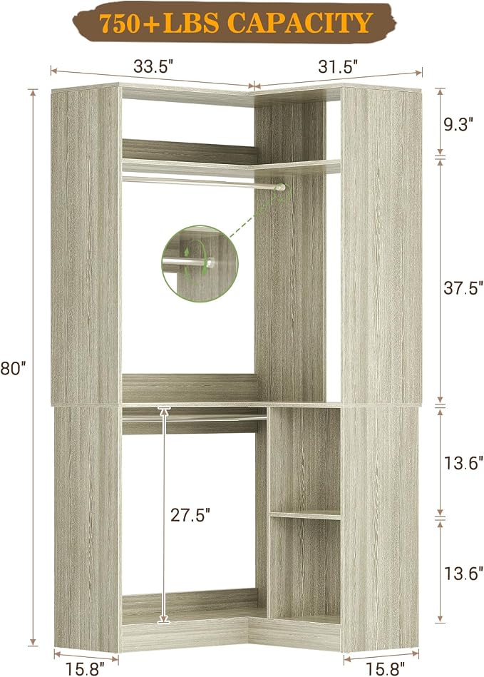 Aheaplus Corner Closet System with Shelves, 34’’ Closet Organizer System with Hanging Rods, Wood Walk-in Closets for Corner Small Space,Freestanding Corner Tower, L Shaped Garment Rack, White Oak