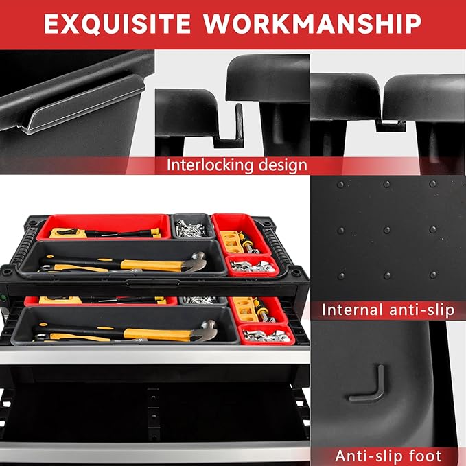 Tool Box Organizer Tray, 60 PCS & 5 Sizes, Black and Red | Heavy-Duty ABS Plastic, Interlocking Design Desk Drawer Organizer, Toolbox Organization Storage for Rolling Tool Chest