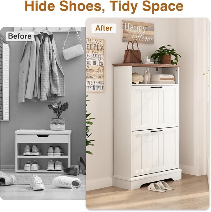24" W Hidden Shoe Storage Cabinet with 2 Flip Drawers & Open Storage | Farmhouse Modern Shoes Rack Cabinet,Adjustable Shelves, Narrow Slim Shoes Organizer for Entryway,Foyer,Hallway,Antique White