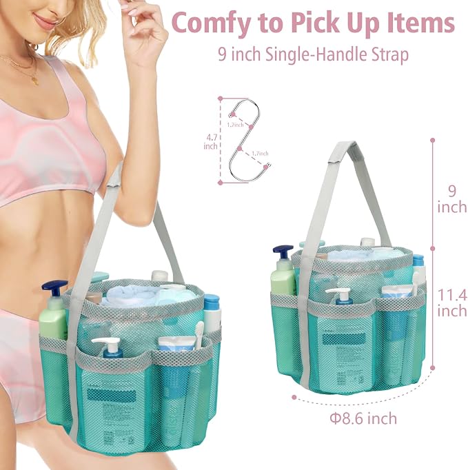 Mesh Shower Caddy Portable - 7 Pockets Large Shower Bag for Dorm, Camping | S-Hook, Quick-Dry, Hanging Toiletry Organizer, College Dorm Room Essentials for Girls, Gym, Travel & Bathroom, Mint Green